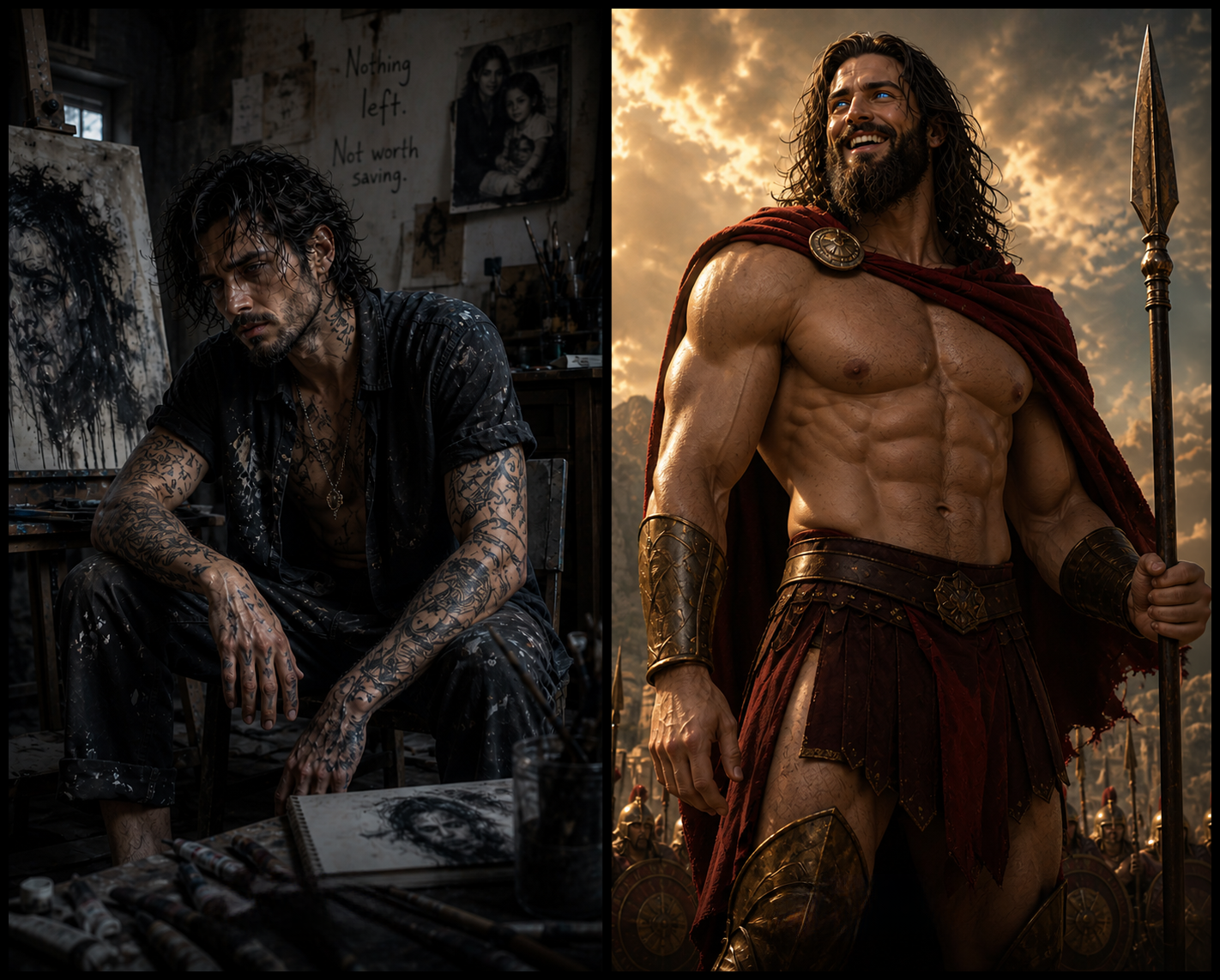 Alex before and after becoming Leonidas reborn